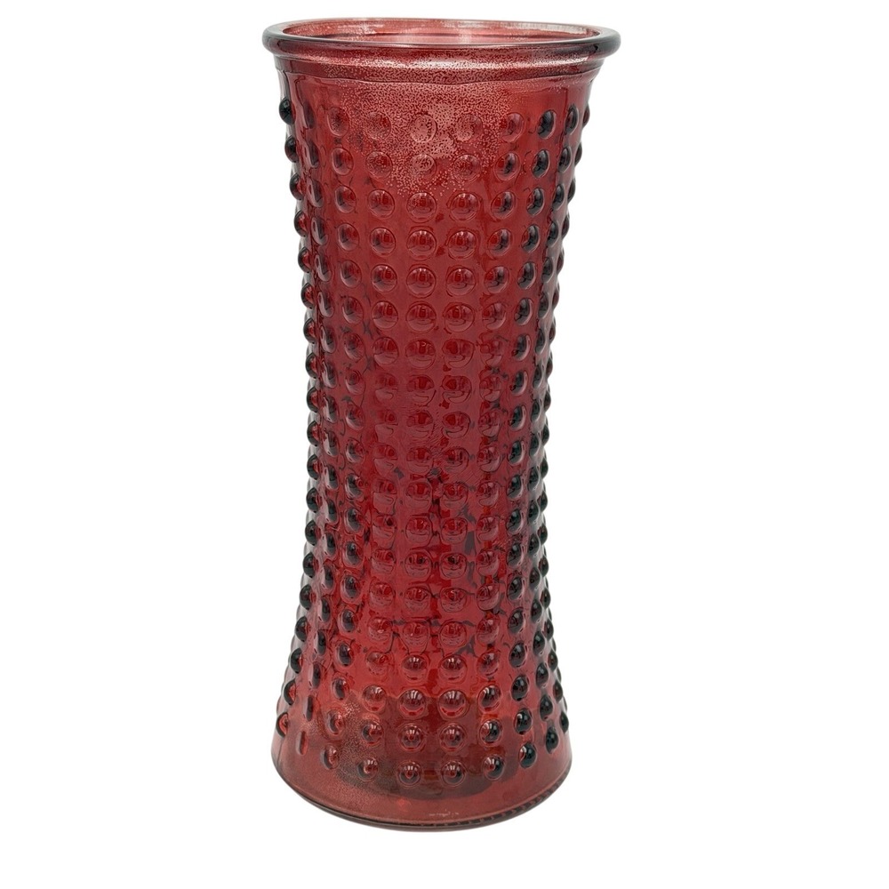 Vtg DPS Hobnail Tall Glass‎ Ruby Red Vase 9 3/4" MCM Flared Rim Hourglass Retro